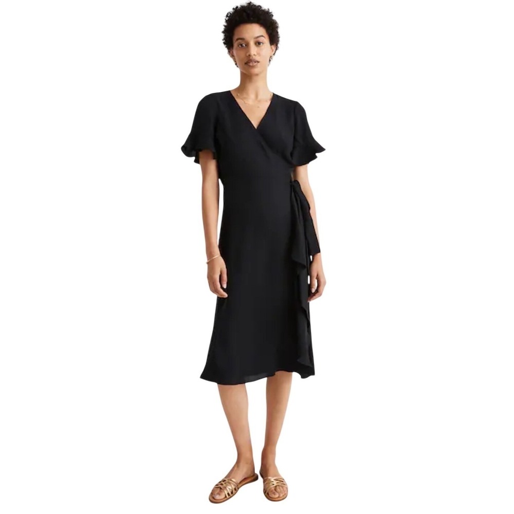 Madewell AB342 Black Silky Ruffle Sleeve Midi Wrap Dress Plus Size 2X